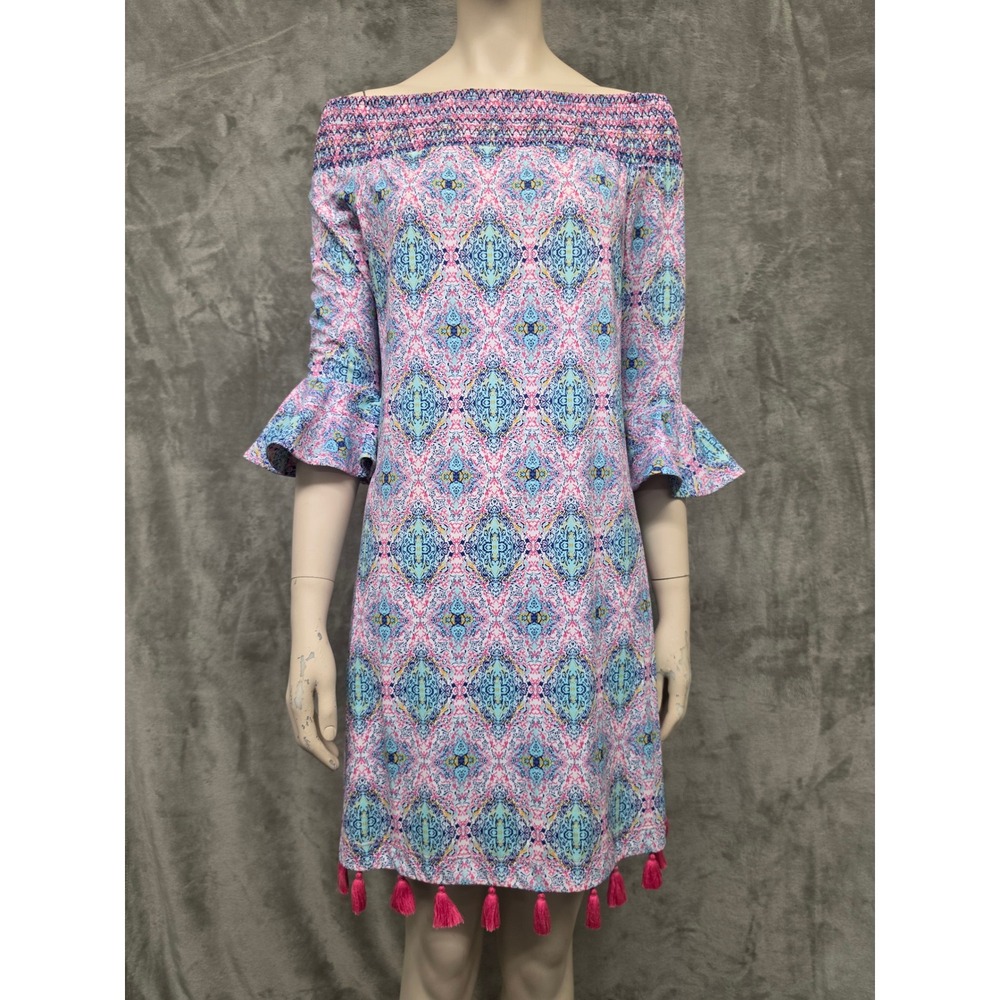 Cabana Life Womens Pink Blue Medallion Smocked Off Shoulder Tassel Dress Small